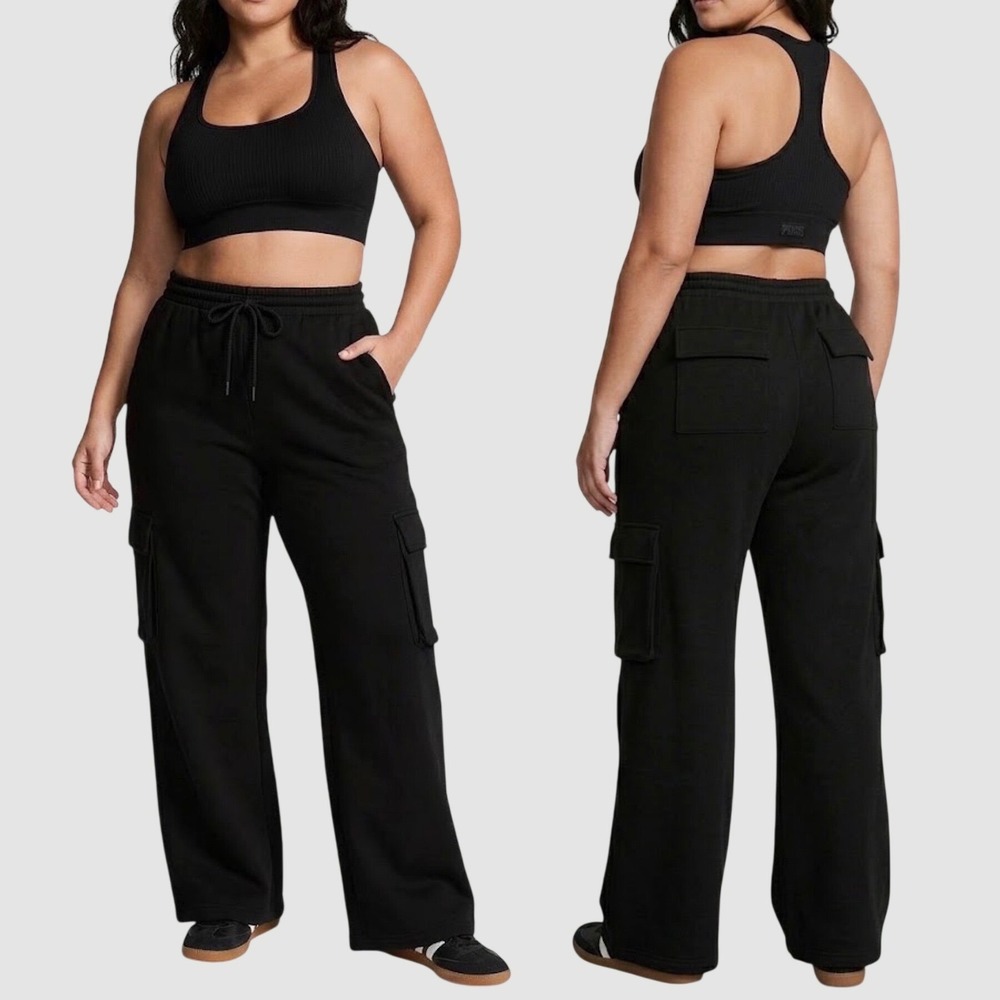 PINK Victoria's Secret Campus Fleece Cargo Sweatpants Large Short Black Wide Leg